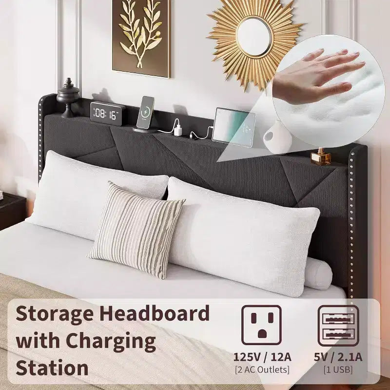 Base letto imbottita con contenitore e LED integrati nella testiera