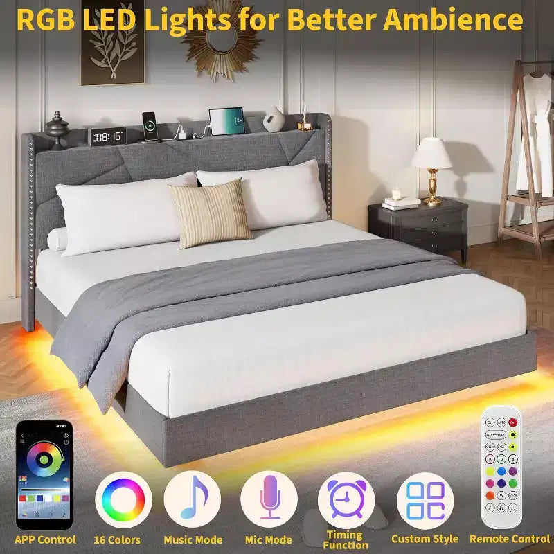 Base letto imbottita con contenitore e LED integrati nella testiera