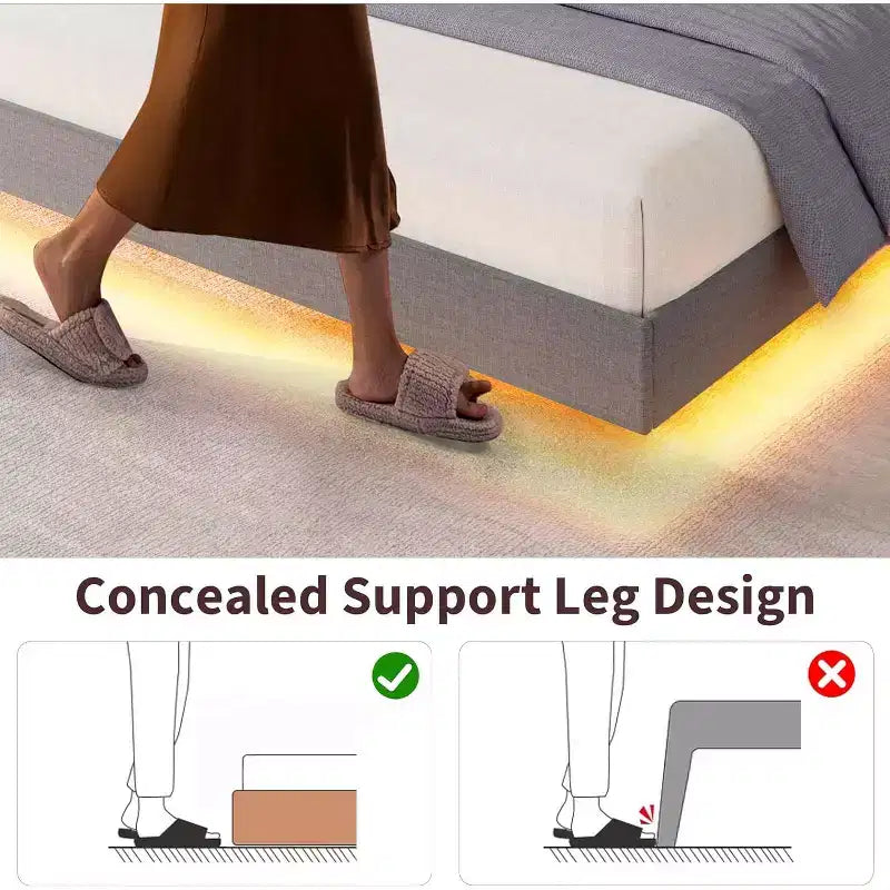 Base letto imbottita con contenitore e LED integrati nella testiera