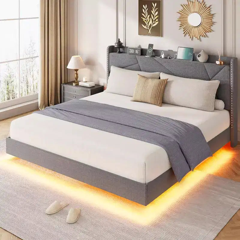 Base letto imbottita con contenitore e LED integrati nella testiera