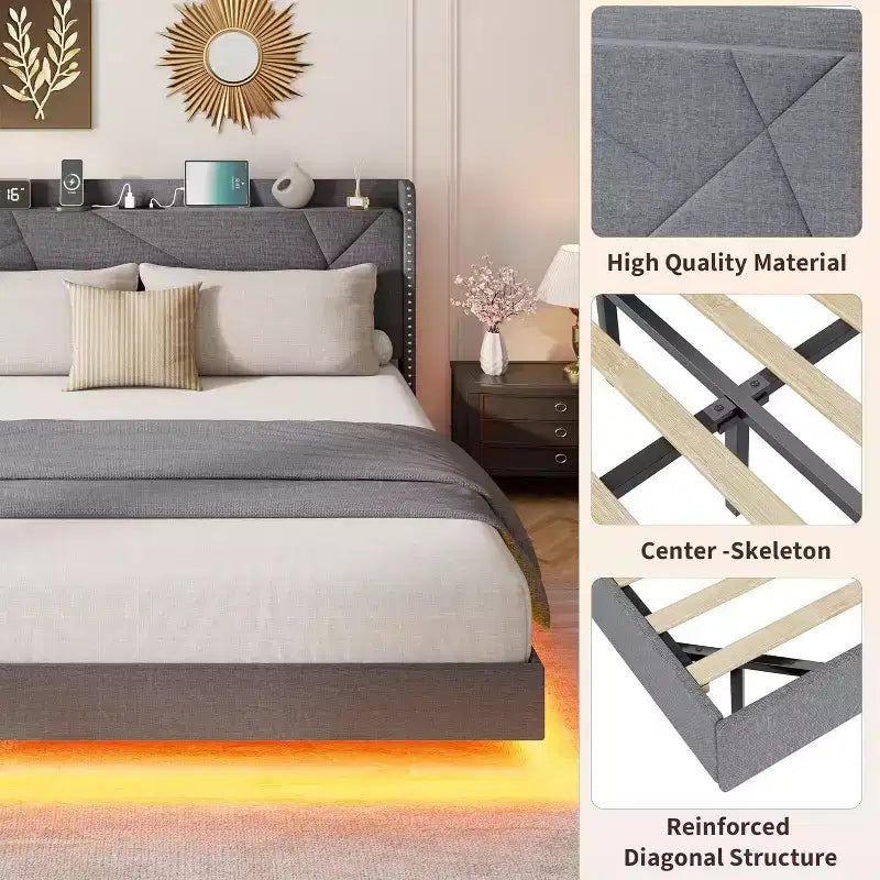 Base letto imbottita con contenitore e LED integrati nella testiera