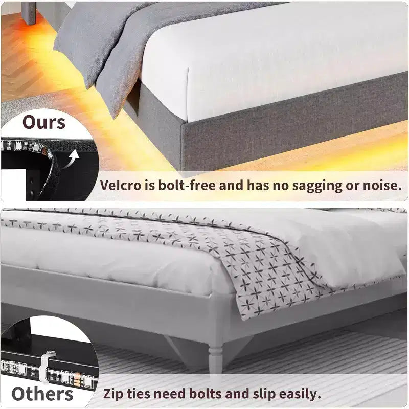 Base letto imbottita con contenitore e LED integrati nella testiera