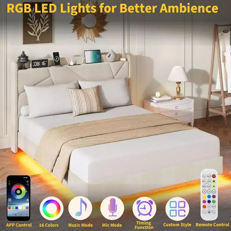 Base letto imbottita con contenitore e LED integrati nella testiera