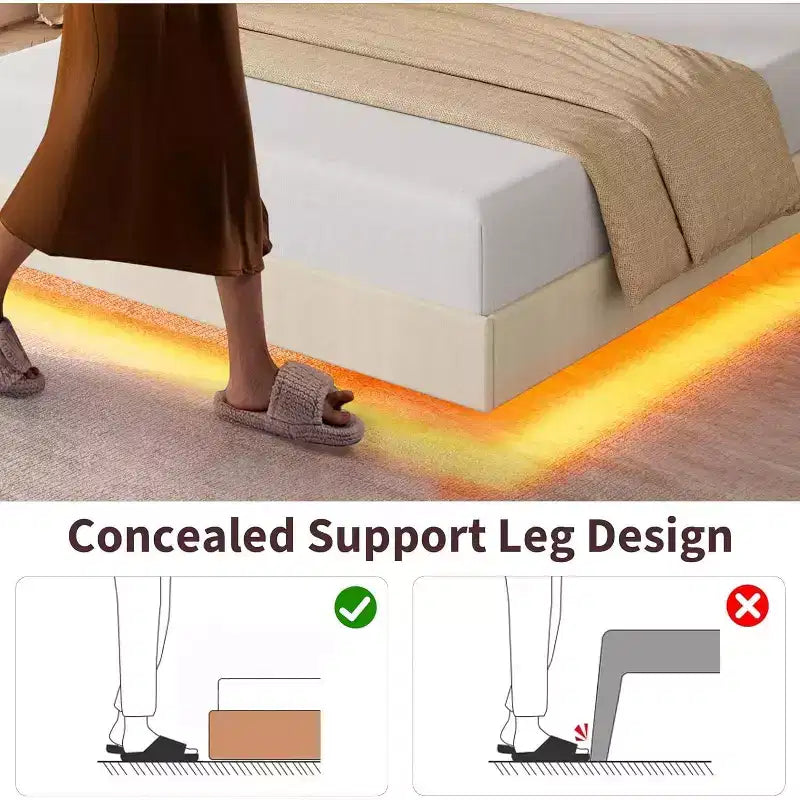 Base letto imbottita con contenitore e LED integrati nella testiera