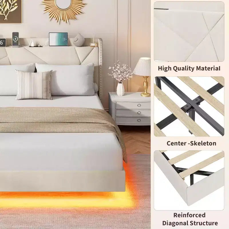 Base letto imbottita con contenitore e LED integrati nella testiera