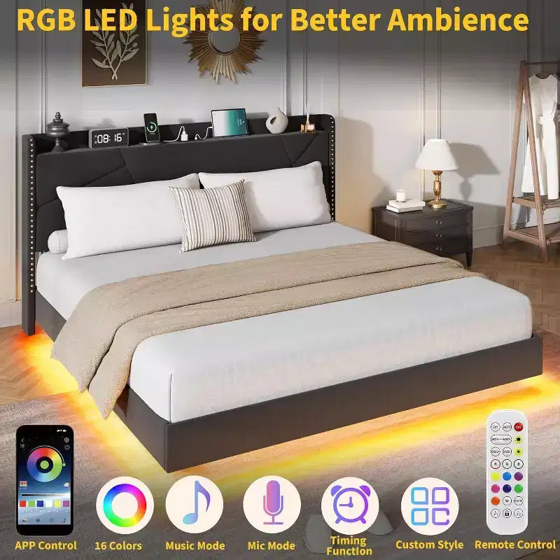 Base letto imbottita con contenitore e LED integrati nella testiera