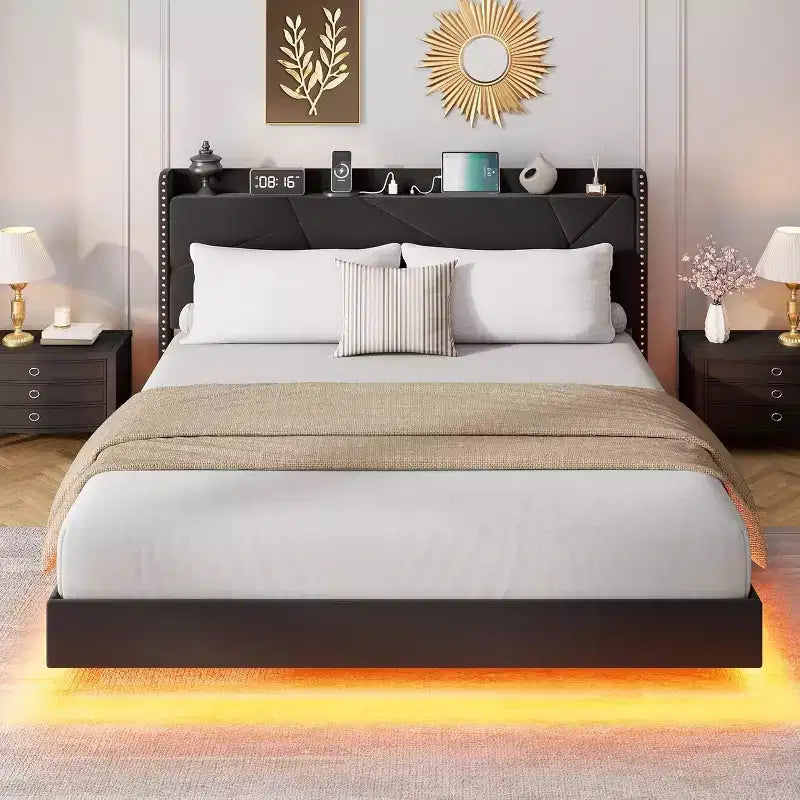 Upholstered Platform Bed Frame with Storage Headboard and LED