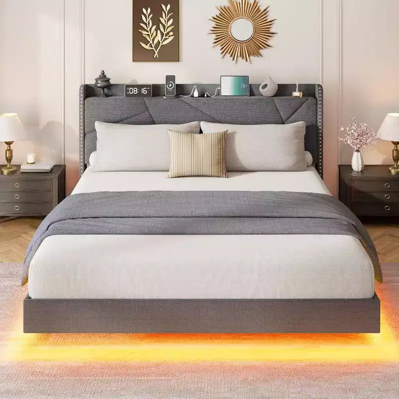 Upholstered Platform Bed Frame with Storage Headboard and LED