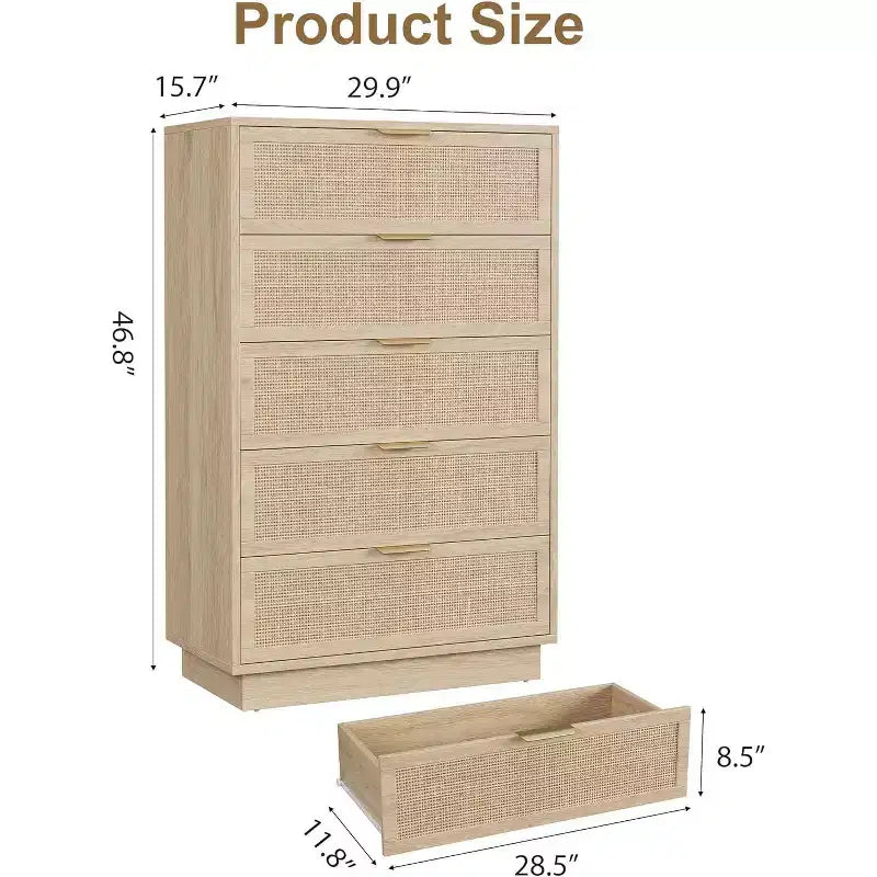 Cassettiera a 5 cassetti in legno ingegnerizzato di rattan 75,9 x 118,9 cm