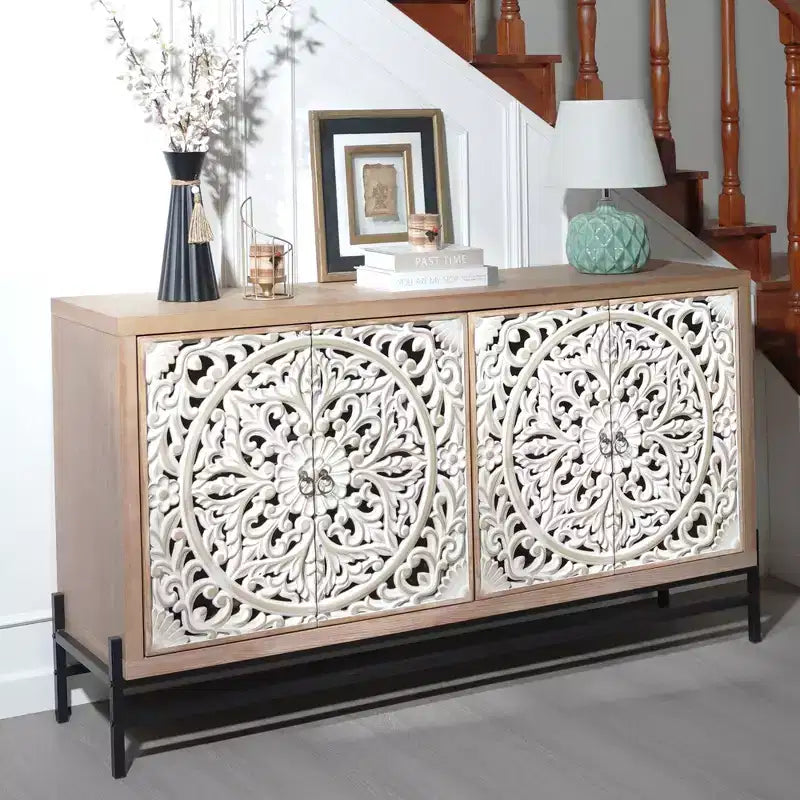 Wood Metal Storage Cabinet with Carved Doors 59'' x 33.8''