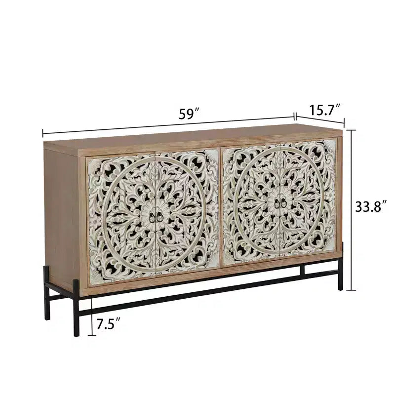 Wood Metal Storage Cabinet with Carved Doors 59'' x 33.8''