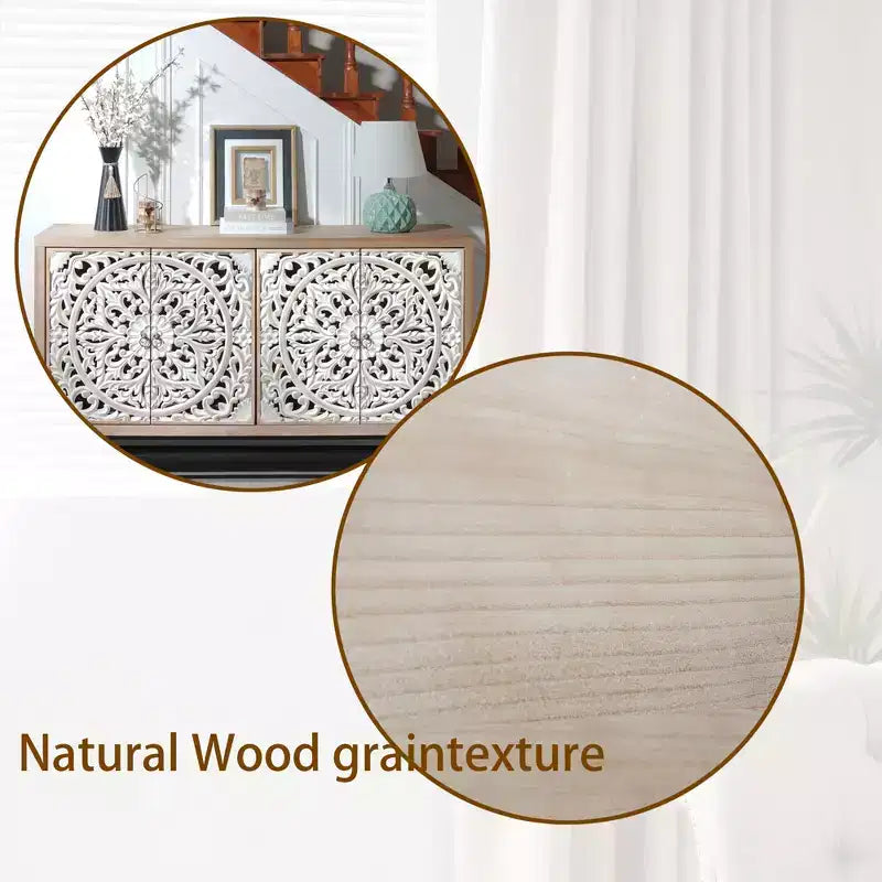 Wood Metal Storage Cabinet with Carved Doors 59'' x 33.8''