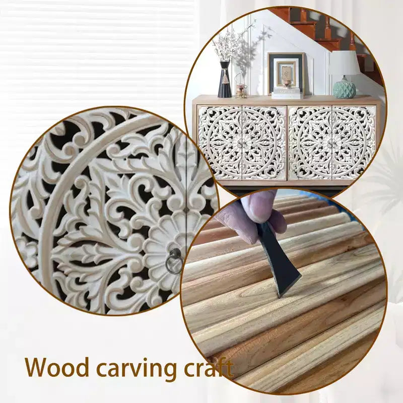 Wood Metal Storage Cabinet with Carved Doors 59'' x 33.8''