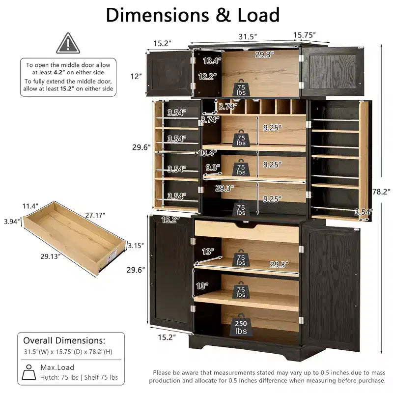 Wood Pantry Cabinet with Shelves and Drawer 78.2''