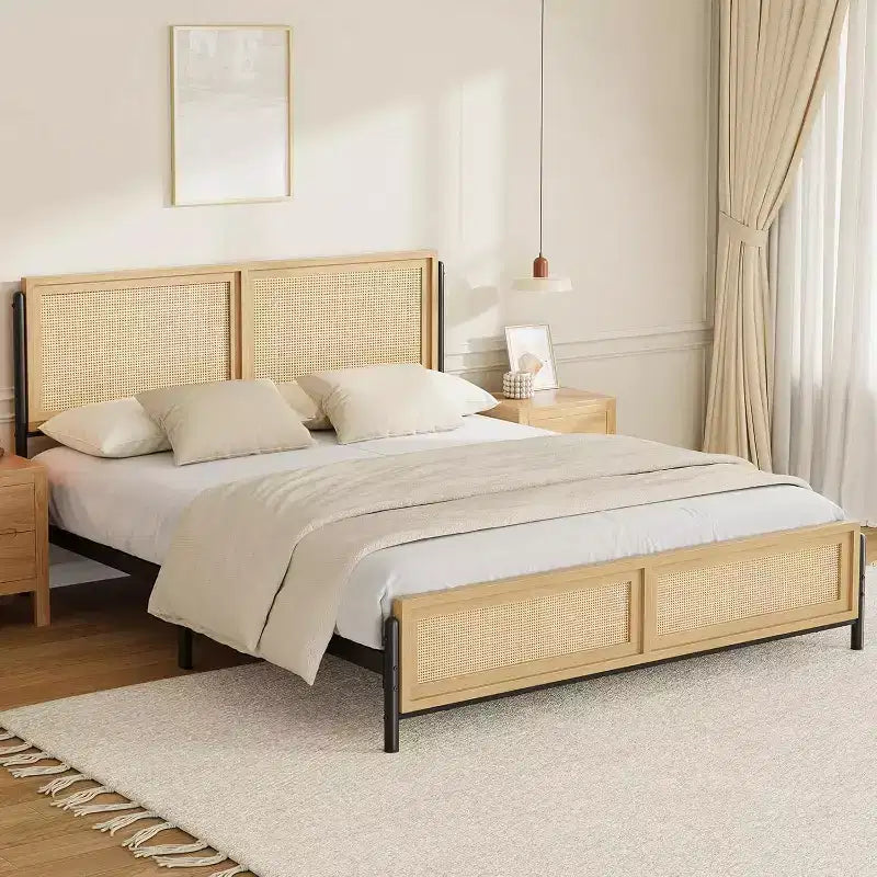 Rattan Steel Platform Bed Frame with Headboard King 83.4'' x 77.1''