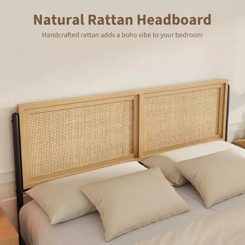 Rattan Steel Platform Bed Frame with Headboard King 83.4'' x 77.1''