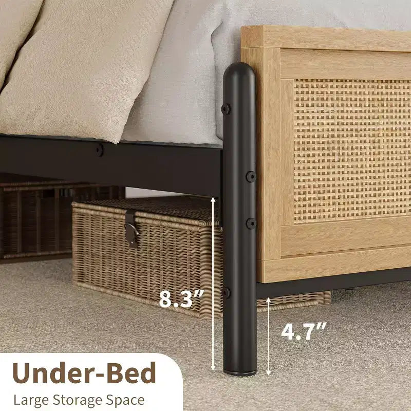 Rattan Steel Platform Bed Frame with Headboard King 83.4'' x 77.1''