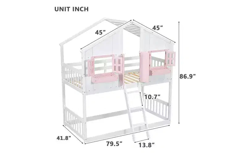 Letto a castello a casetta Twin su Twin con tetto e finestra, design di sicurezza a bassa altezza