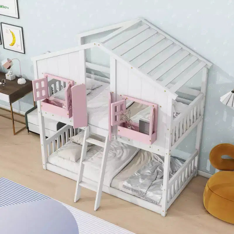 Letto a castello a casetta Twin su Twin con tetto e finestra, design di sicurezza a bassa altezza