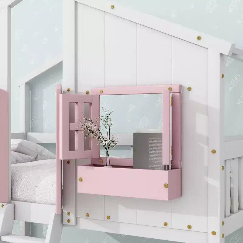 Letto a castello a casetta Twin su Twin con tetto e finestra, design di sicurezza a bassa altezza