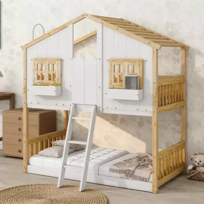 Letto a castello a casetta Twin su Twin con tetto e finestra, design di sicurezza a bassa altezza