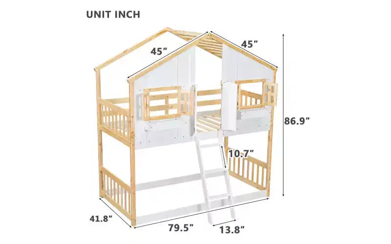 Letto a castello a casetta Twin su Twin con tetto e finestra, design di sicurezza a bassa altezza