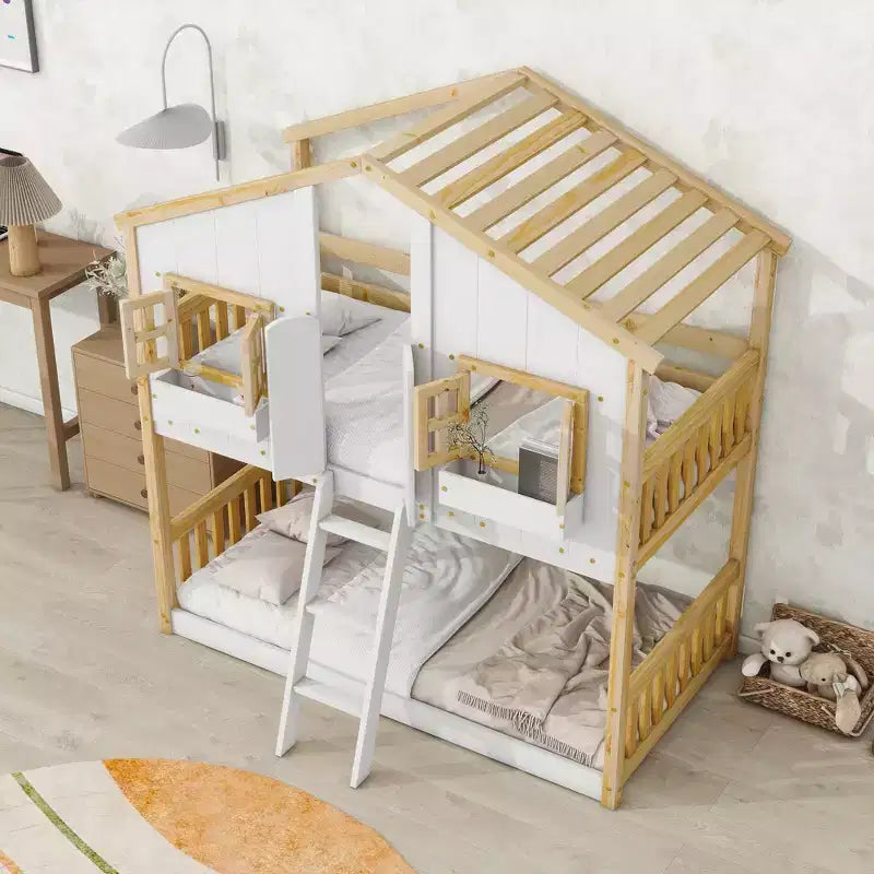 Letto a castello a casetta Twin su Twin con tetto e finestra, design di sicurezza a bassa altezza