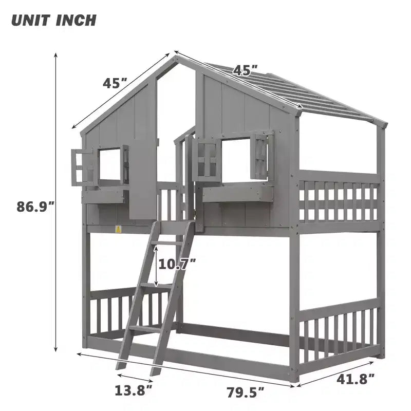 Letto a castello a casetta Twin su Twin con tetto e finestra, design di sicurezza a bassa altezza