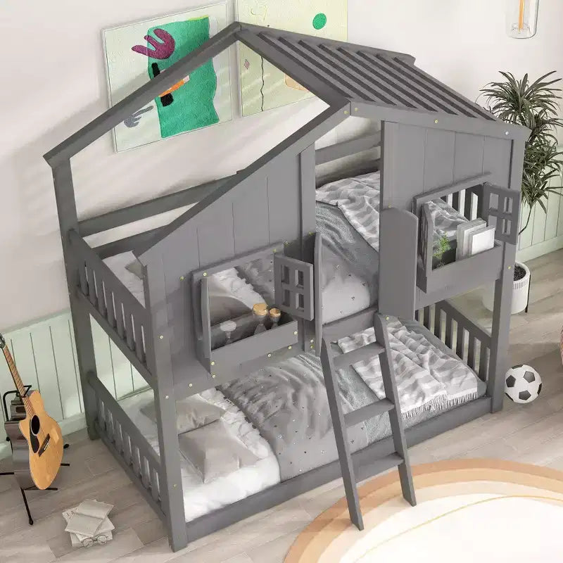 Letto a castello a casetta Twin su Twin con tetto e finestra, design di sicurezza a bassa altezza