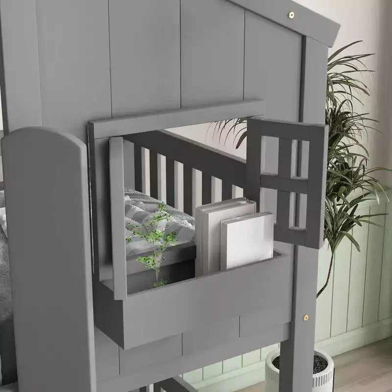 Letto a castello a casetta Twin su Twin con tetto e finestra, design di sicurezza a bassa altezza