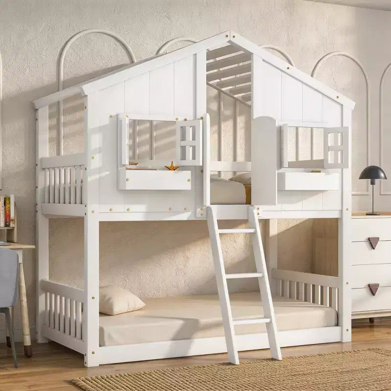Letto a castello a casetta Twin su Twin con tetto e finestra, design di sicurezza a bassa altezza