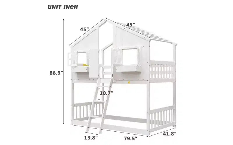 Letto a castello a casetta Twin su Twin con tetto e finestra, design di sicurezza a bassa altezza