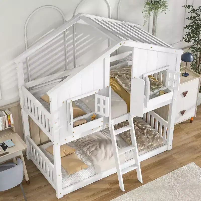 Letto a castello a casetta Twin su Twin con tetto e finestra, design di sicurezza a bassa altezza