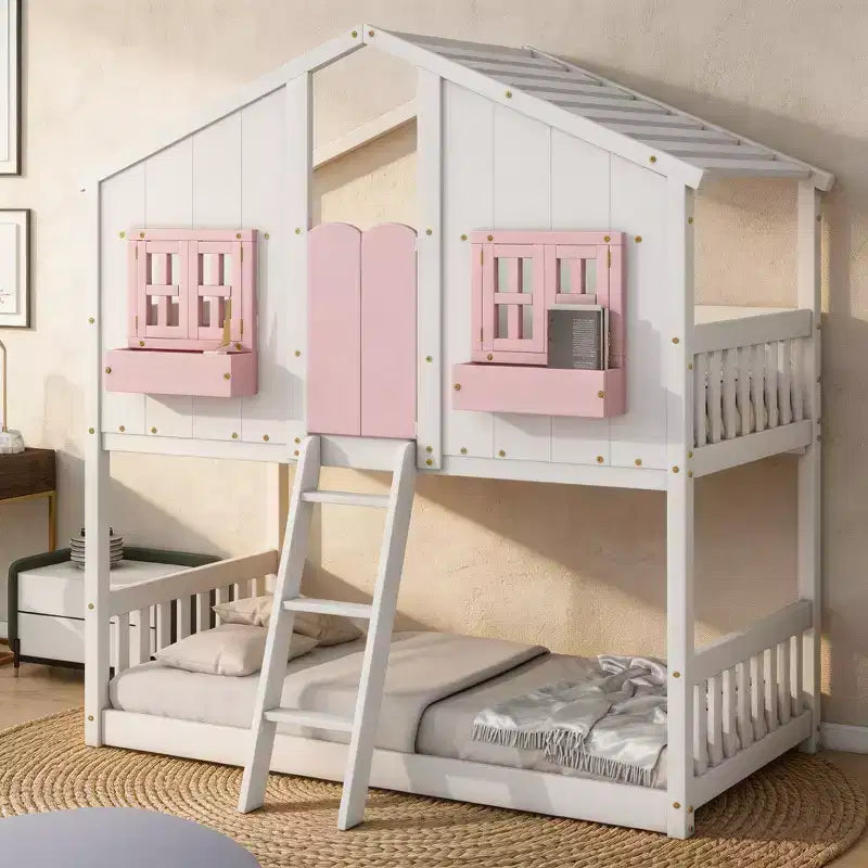 Letto a castello a casetta Twin su Twin con tetto e finestra, design di sicurezza a bassa altezza