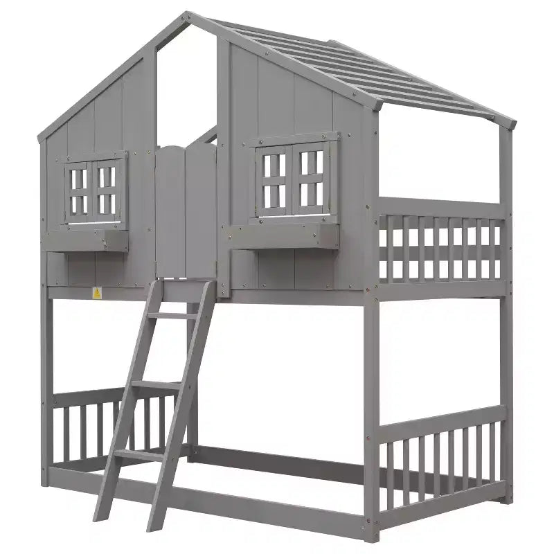 Sailvan Twin over Twin House Bunk Bed with Roof and Window, Low Height Safety Design