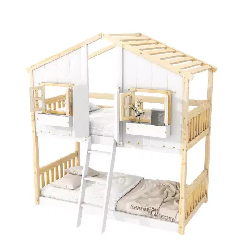 Letto a castello a casetta Twin su Twin con tetto e finestra, design di sicurezza a bassa altezza