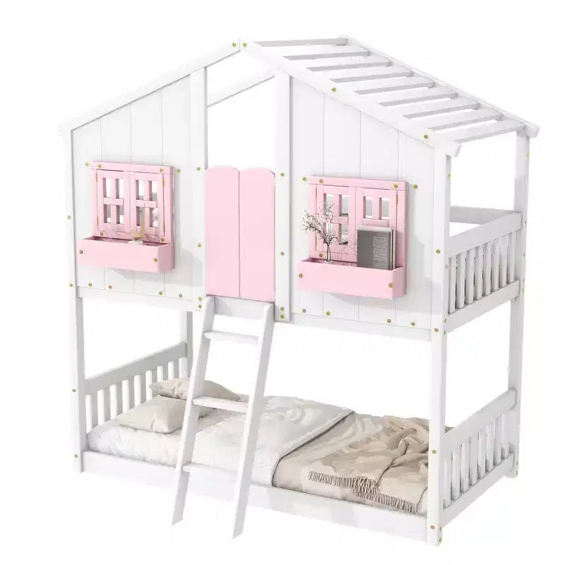 Letto a castello a casetta Twin su Twin con tetto e finestra, design di sicurezza a bassa altezza