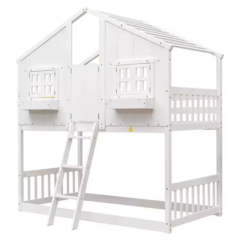Letto a castello a casetta Twin su Twin con tetto e finestra, design di sicurezza a bassa altezza
