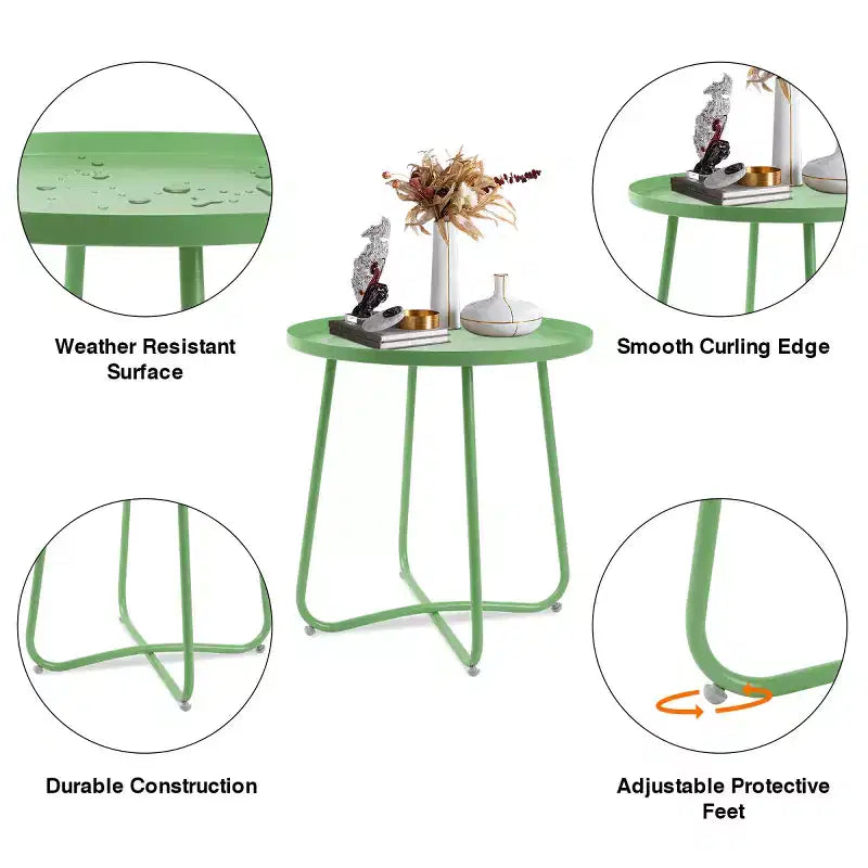 Tavolino da esterno rotondo in metallo, resistente alle intemperie, verde, 45 cm