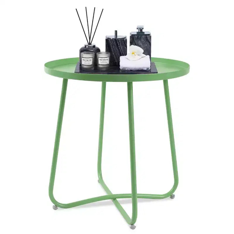 Tavolino da esterno rotondo in metallo, resistente alle intemperie, verde, 45 cm