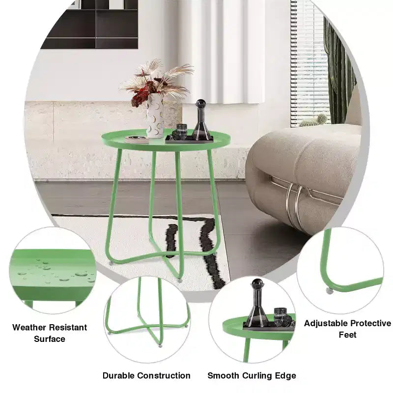 Tavolino da esterno rotondo in metallo, resistente alle intemperie, verde, 45 cm