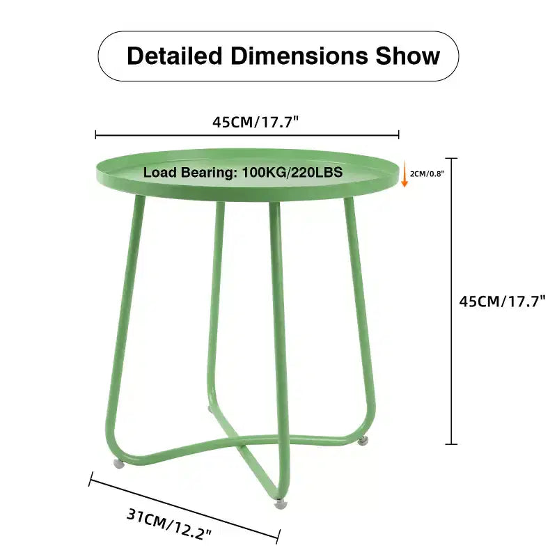 Tavolino da esterno rotondo in metallo, resistente alle intemperie, verde, 45 cm