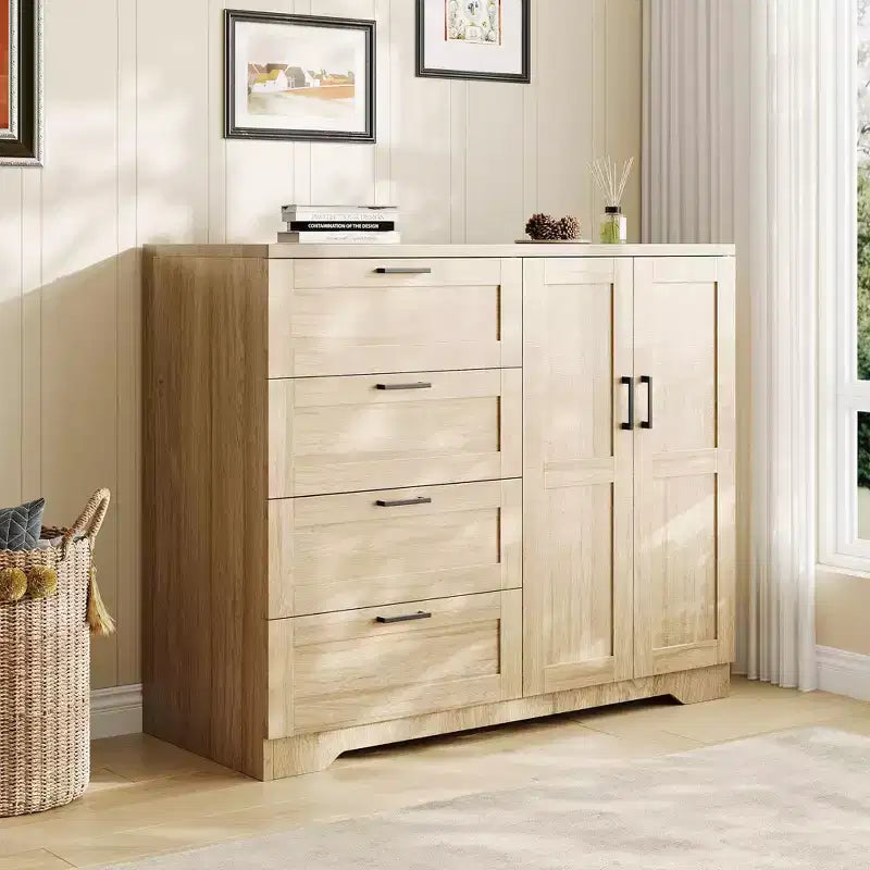 Armadio basso 43.3 con asta appendiabiti e 4 cassetti, mobile a 2 ante in legno con organizer per camera da letto