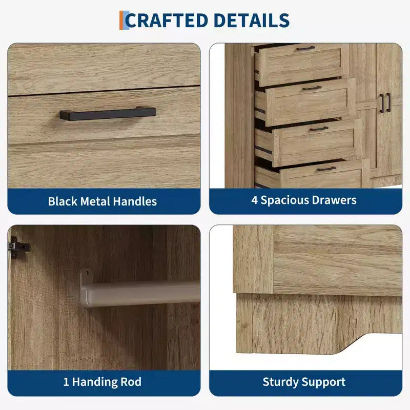 Armadio basso 43.3 con asta appendiabiti e 4 cassetti, mobile a 2 ante in legno con organizer per camera da letto