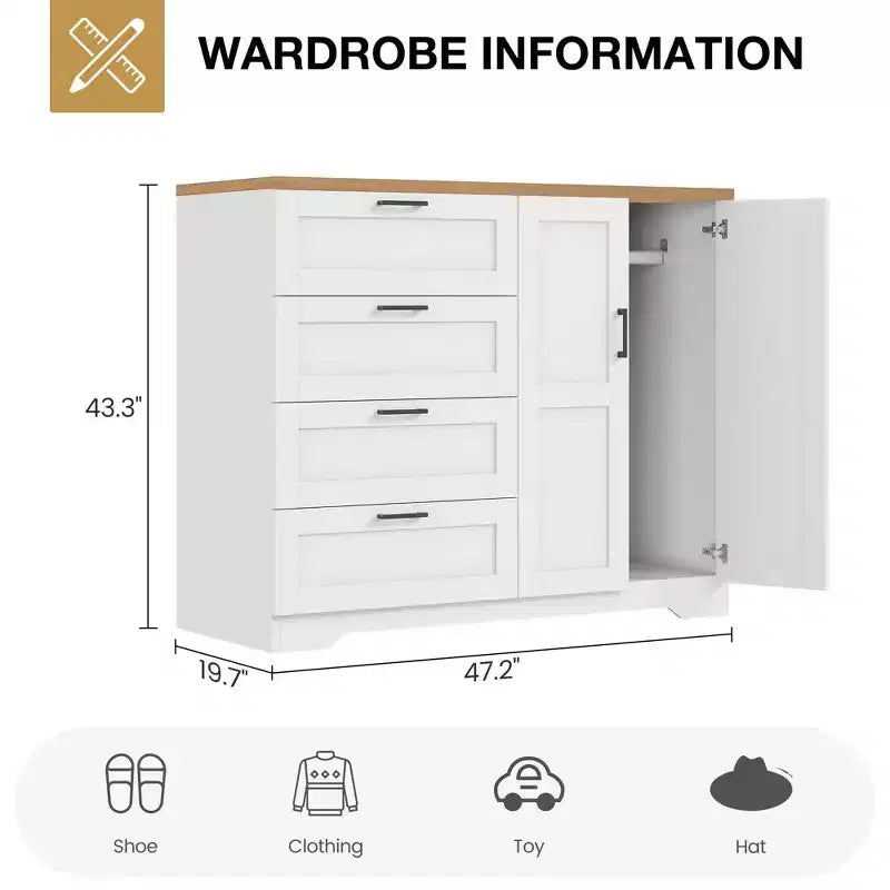 Armadio basso 43.3 con asta appendiabiti e 4 cassetti, mobile a 2 ante in legno con organizer per camera da letto