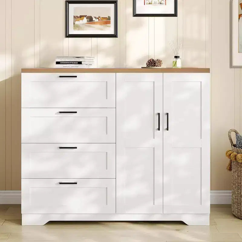 Armadio basso 43.3 con asta appendiabiti e 4 cassetti, mobile a 2 ante in legno con organizer per camera da letto
