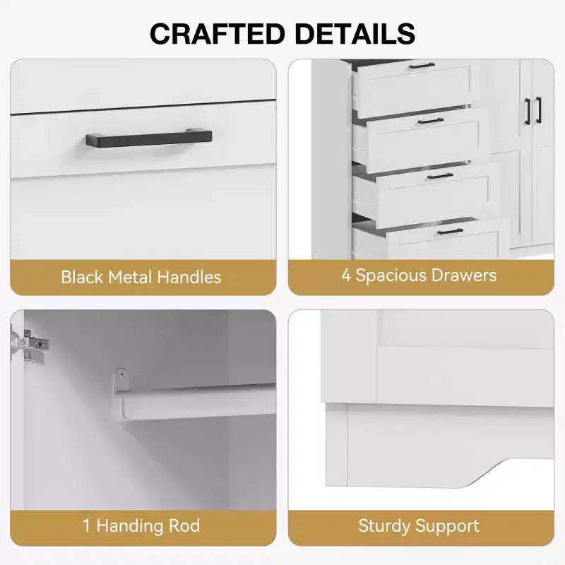 Armadio basso 43.3 con asta appendiabiti e 4 cassetti, mobile a 2 ante in legno con organizer per camera da letto