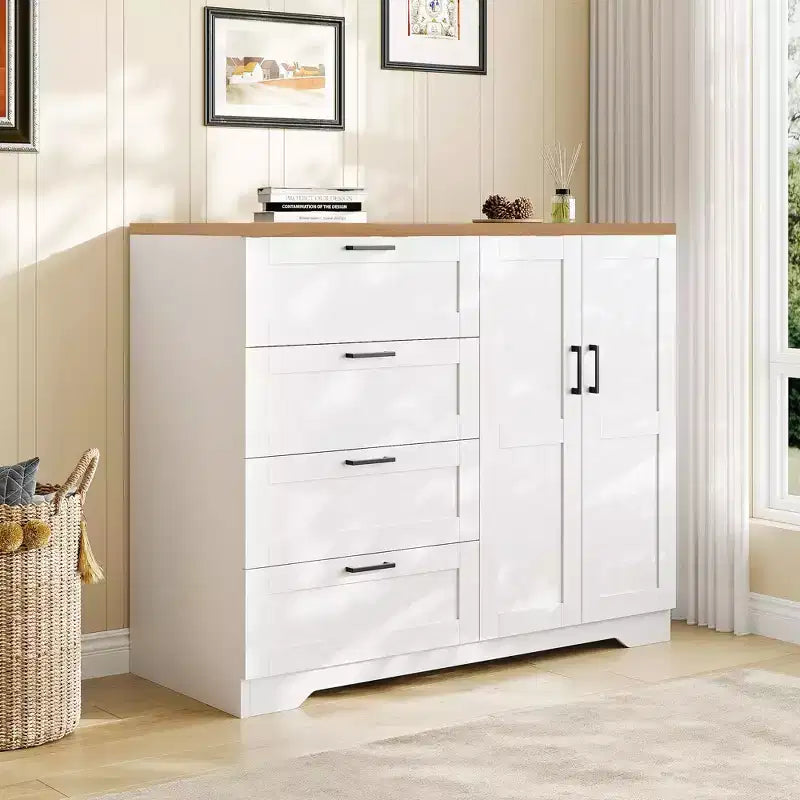 Armadio basso 43.3 con asta appendiabiti e 4 cassetti, mobile a 2 ante in legno con organizer per camera da letto