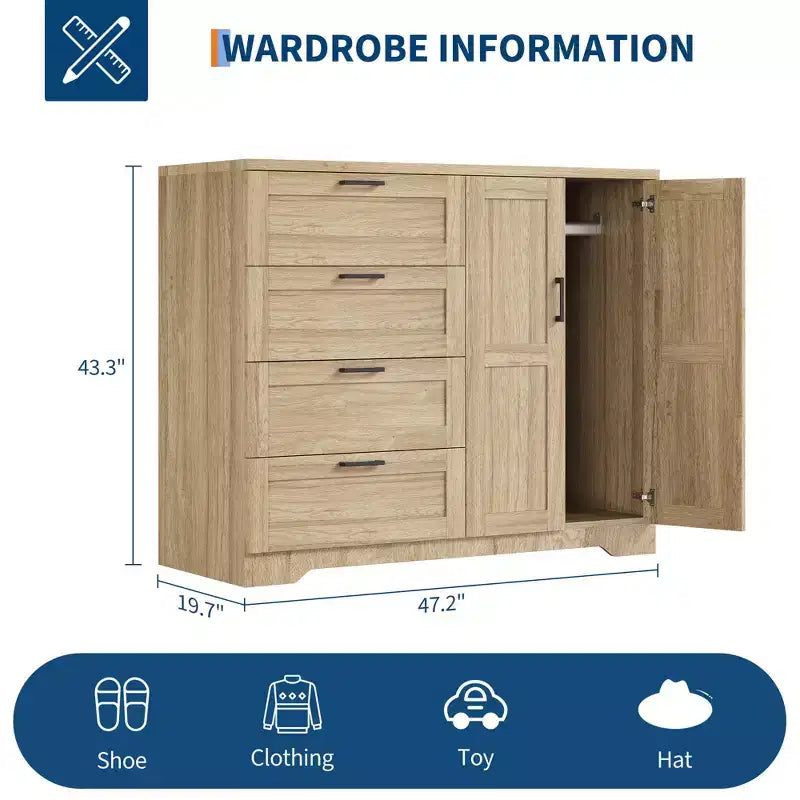 Armadio basso 43.3 con asta appendiabiti e 4 cassetti, mobile a 2 ante in legno con organizer per camera da letto