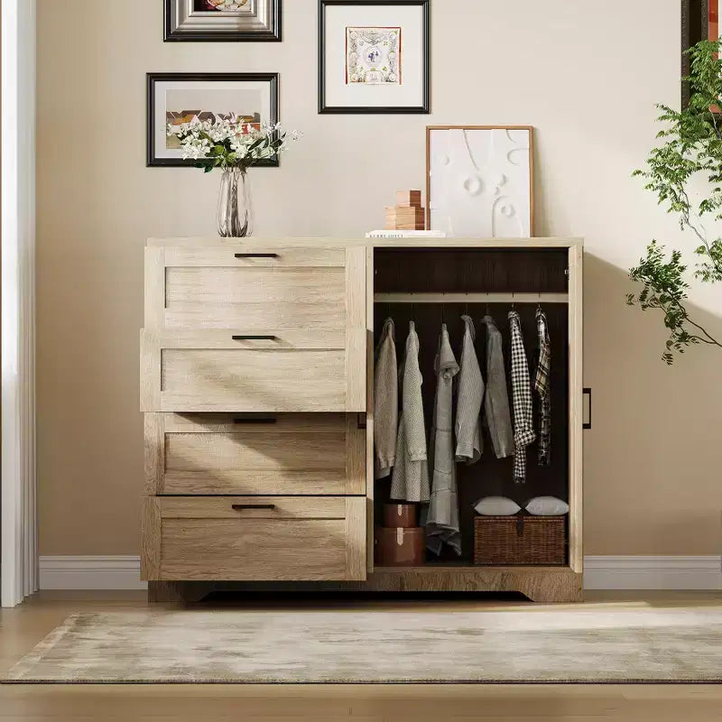 Armadio basso 43.3 con asta appendiabiti e 4 cassetti, mobile a 2 ante in legno con organizer per camera da letto